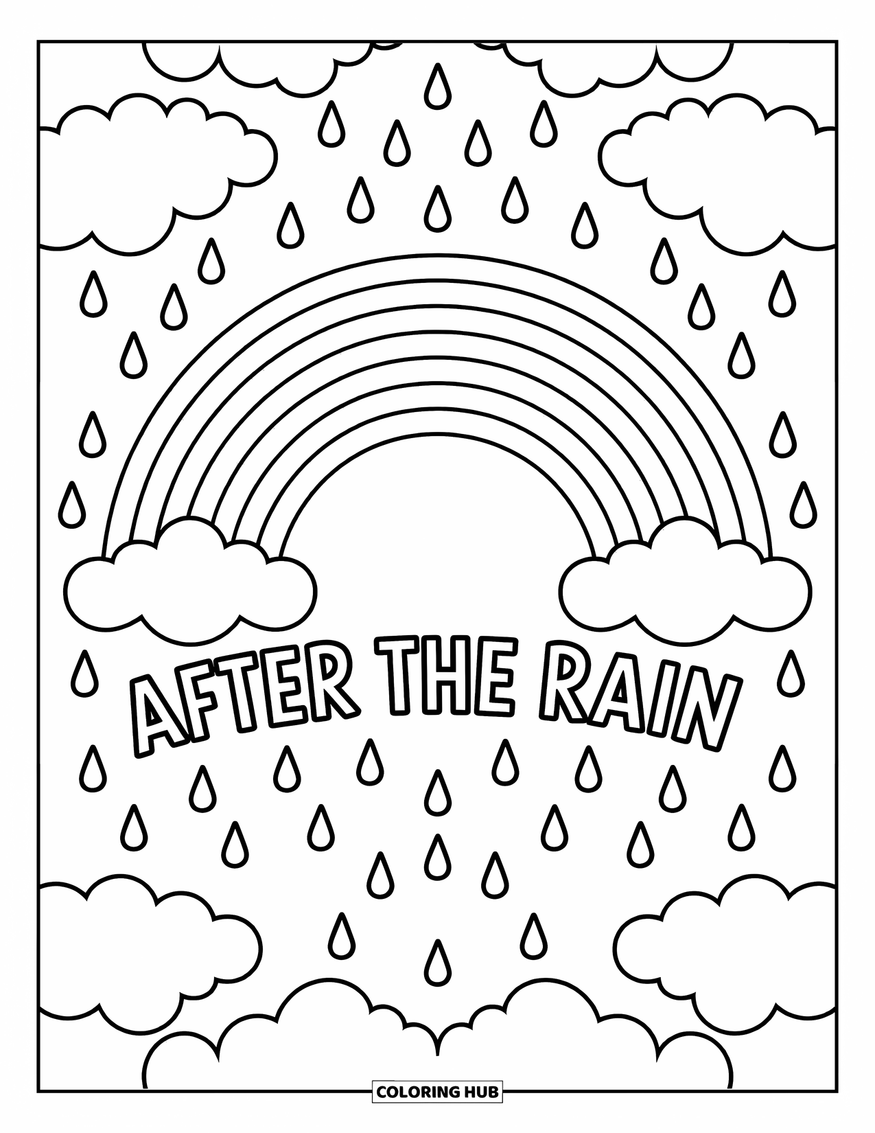 Weather Coloring Page for Kids: A rainbow arches across the sky with the words "AFTER THE RAIN" below it