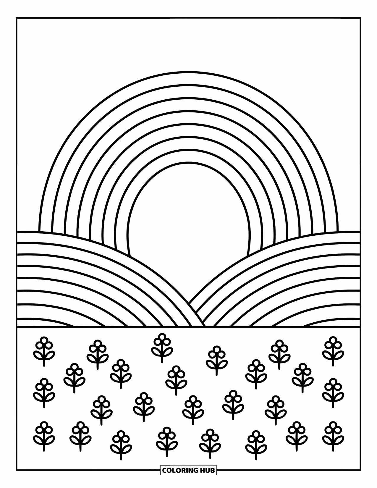 Weather Coloring Page for Kids: A rainbow shines between two hills with gentle curves and blooming flowers