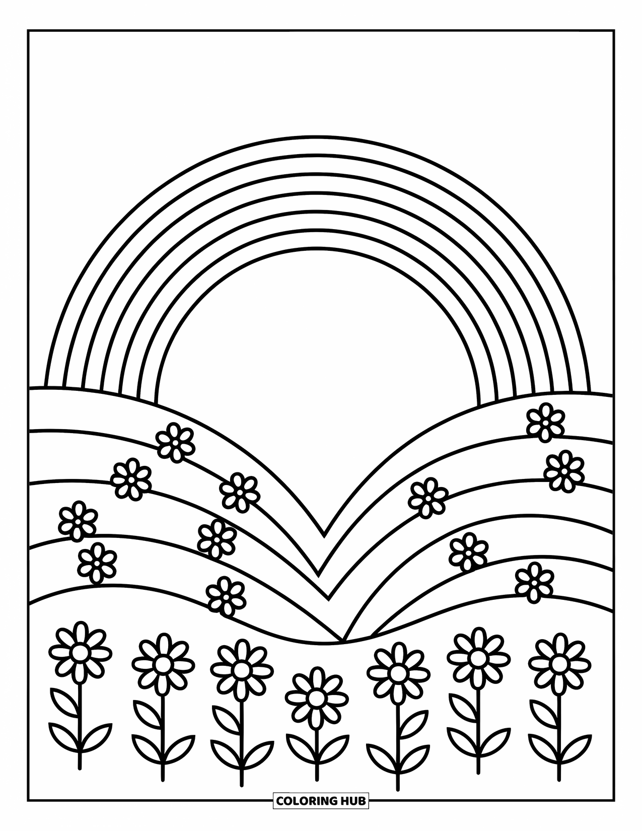Weather Coloring Page for Kids: A rainbow stretches between hills with tiny flowers blooming below