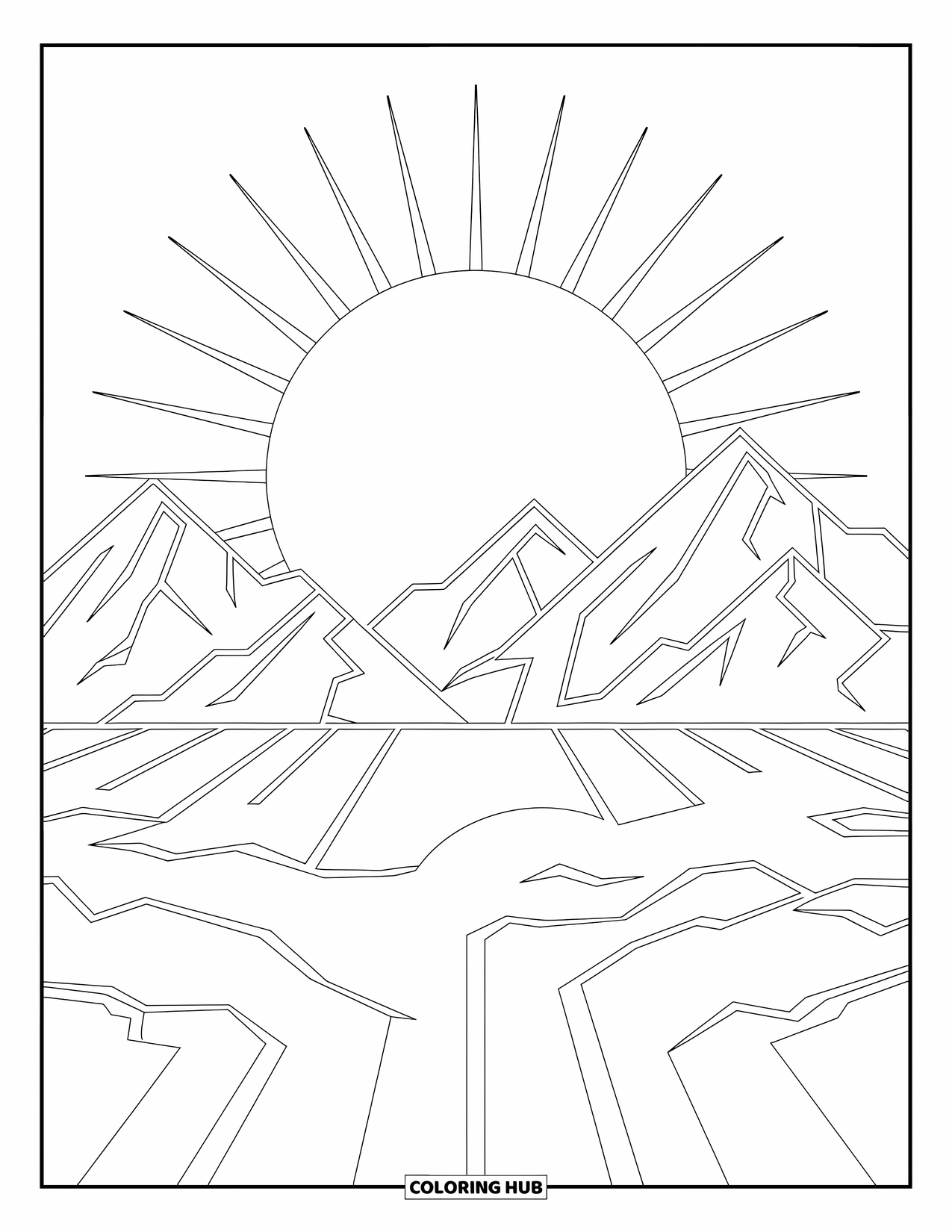 Weather Coloring Page for Kids: A rising sun stretches rays across the mountains in a calm, misty morning scene