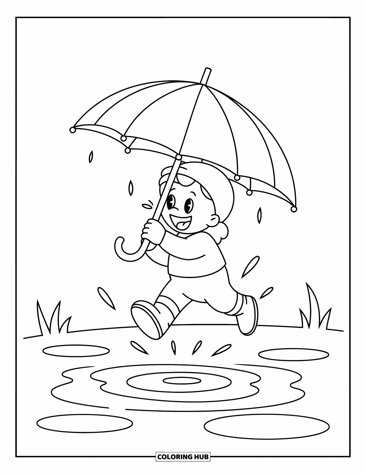 Weather Coloring Page for Kids: A smiling child leaps into a puddle holding an umbrella, water flying all around