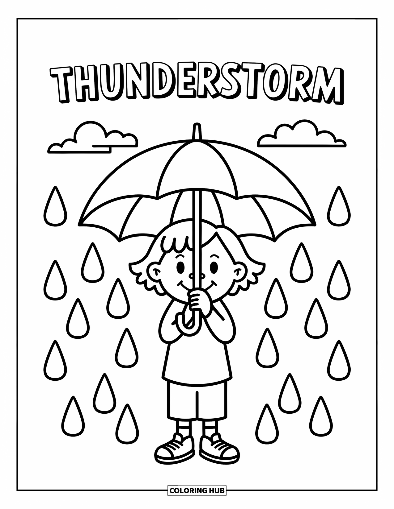 Weather Coloring Page for Kids: A smiling person stands under an umbrella as raindrops fall and "THUNDERSTORM" floats overhead