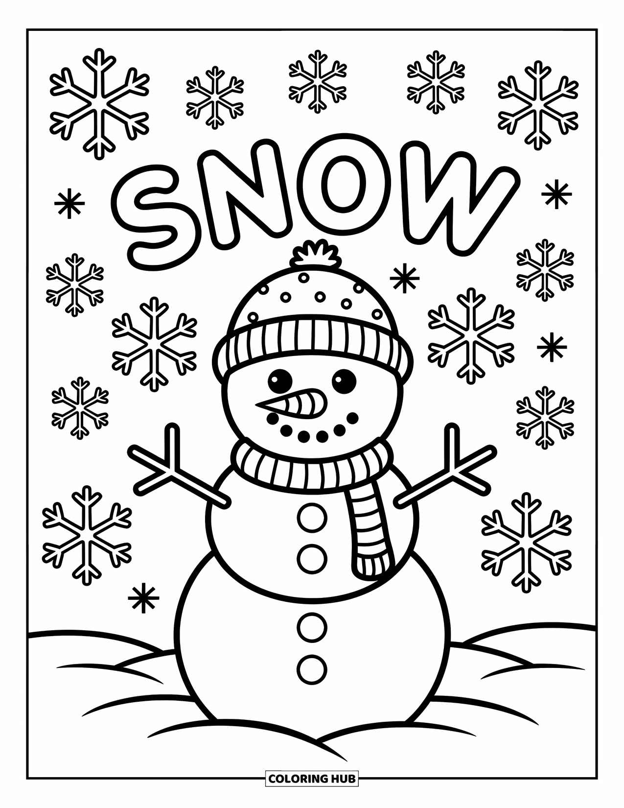 Weather Coloring Page for Kids: A smiling snowman stands tall as snow drifts down and "SNOW" hovers above