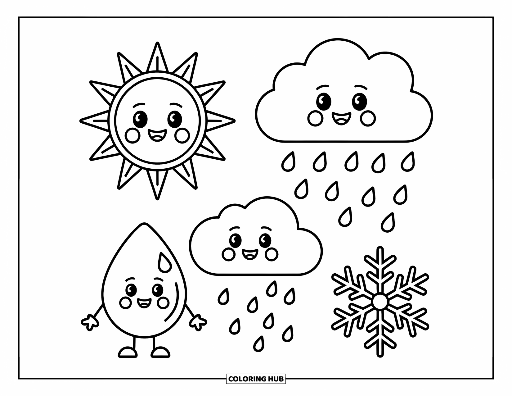 Weather Coloring Page for Kids: A smiling sun, fluffy cloud, raindrop, and snowflake float playfully side by side
