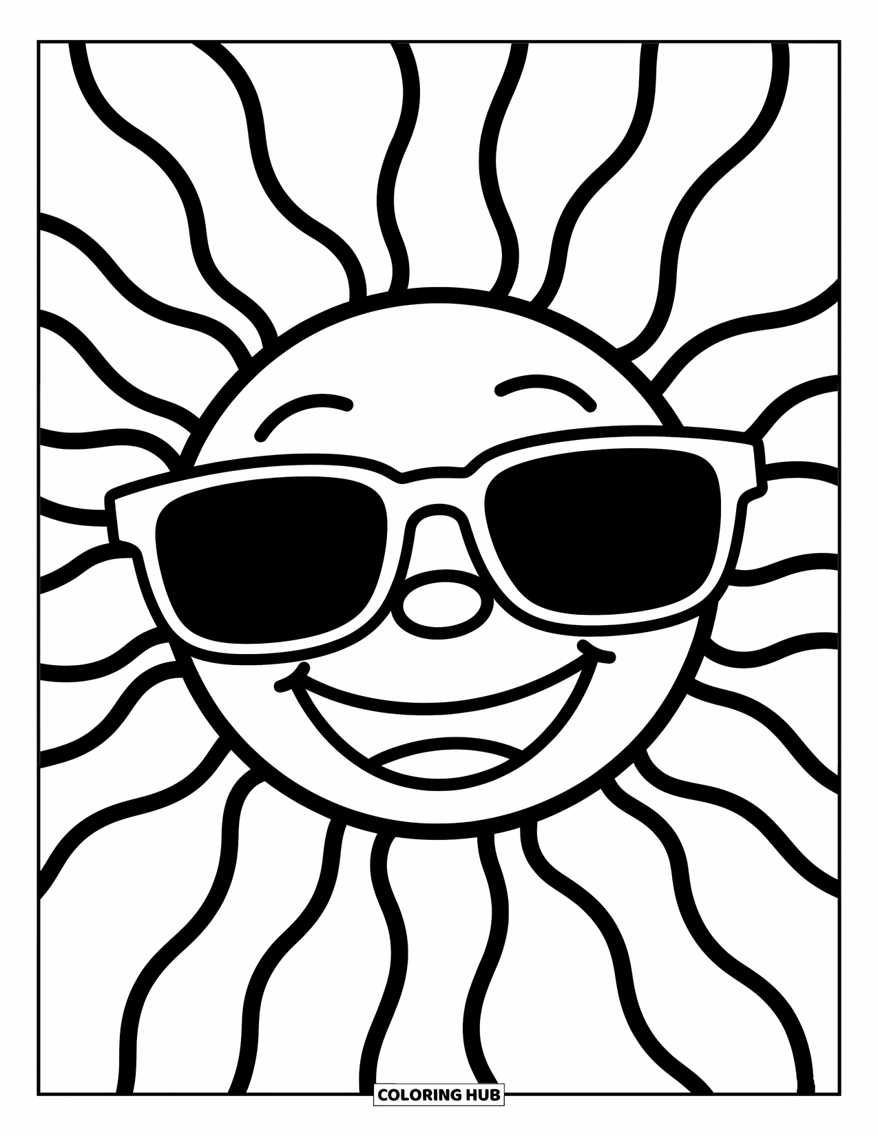 Weather Coloring Page for Kids: A smiling sun shines wide with "SUNNY" on its shades and rays all around
