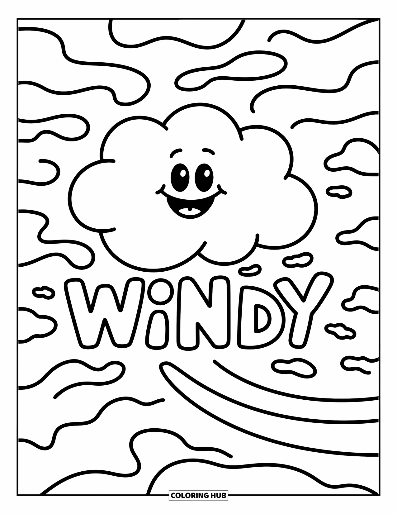 Weather Coloring Page for Kids: A smiling wind cloud puffs out air with "WINDY" written in bold nearby
