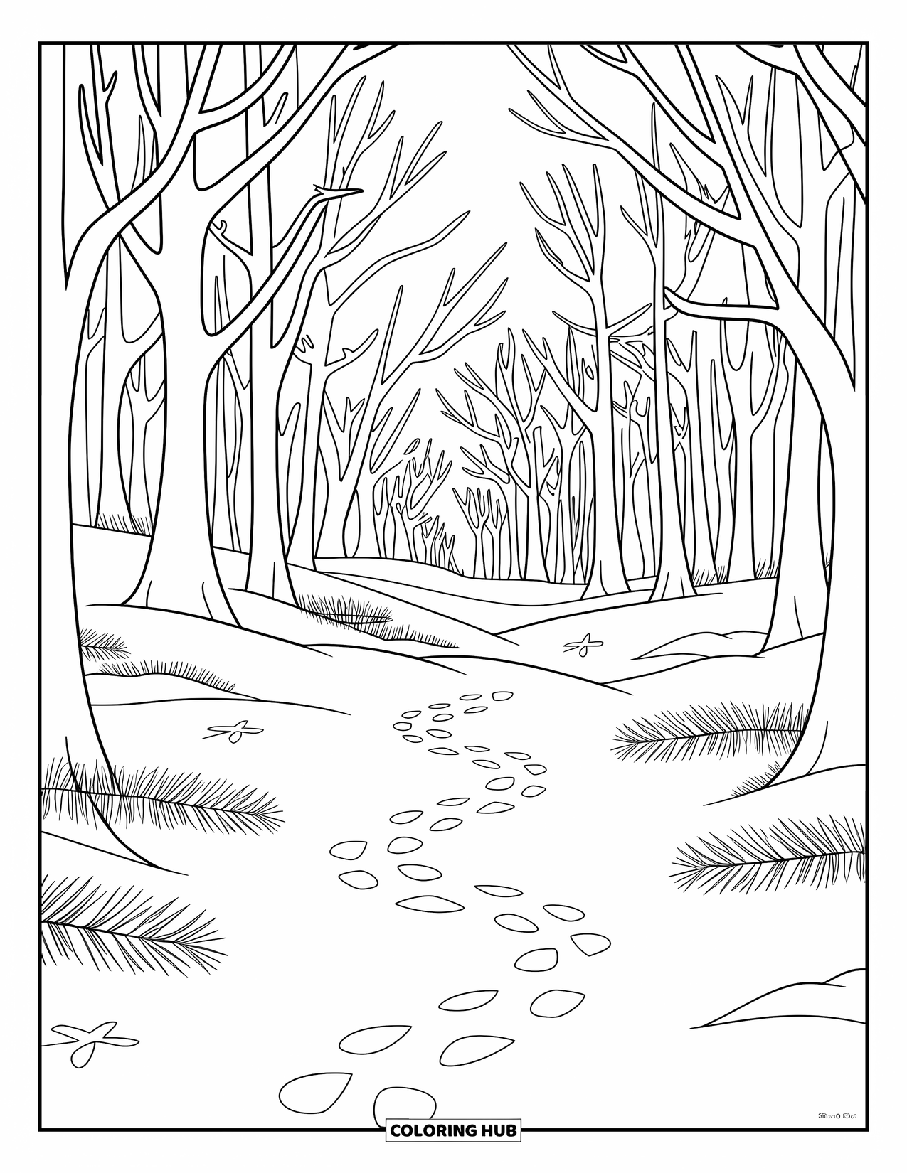Weather Coloring Page for Kids: A snow-covered forest stretches ahead with soft footprints leading between tall trees