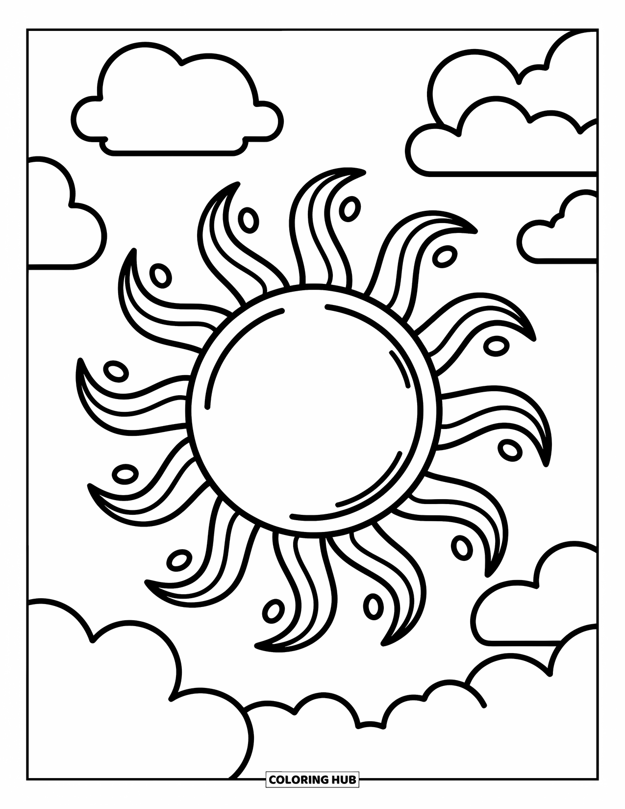 Weather Coloring Page for Kids: A sun with twinkling eyes glows in the sky with fun, floaty clouds nearby