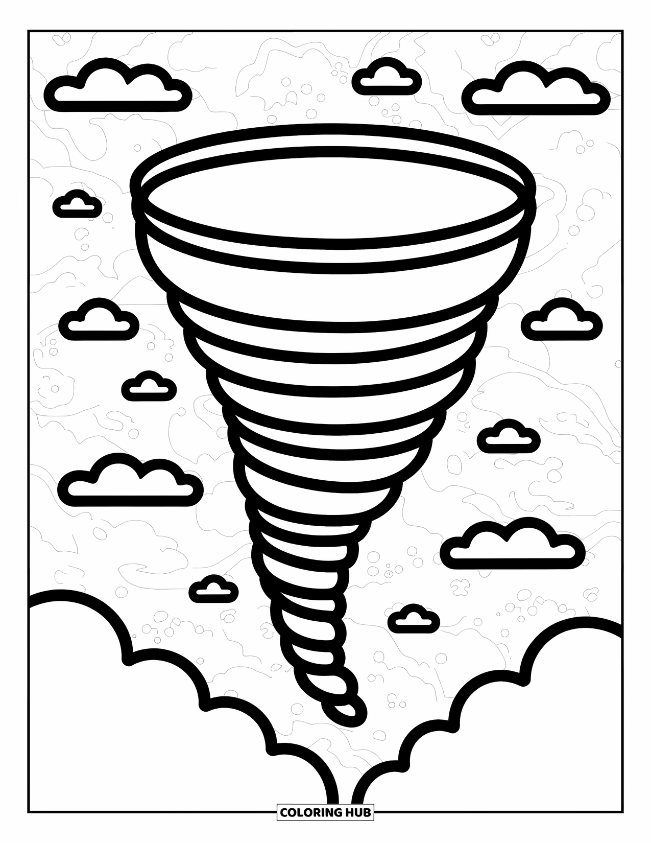 Weather Coloring Page for Kids: A swirling tornado with rounded lines spins gently in a cheerful, fun-filled scene