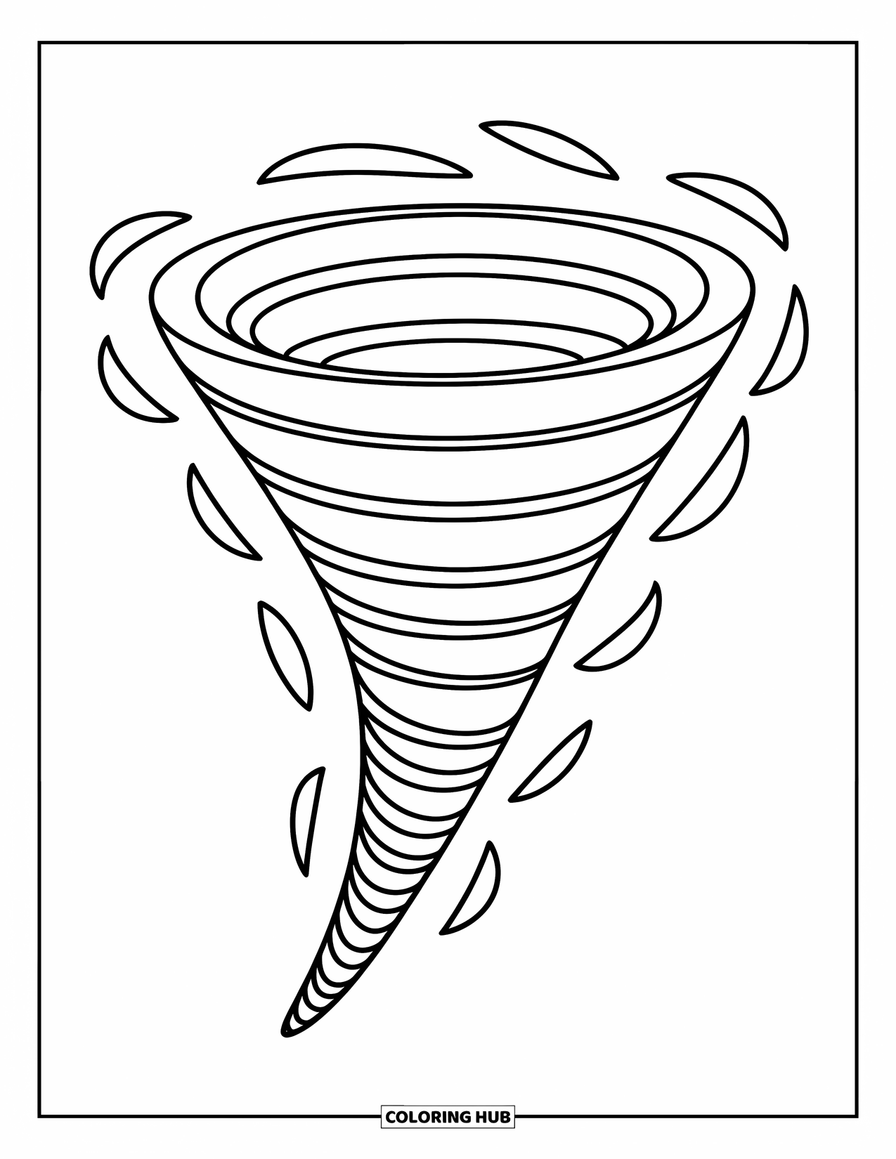 Weather Coloring Page for Kids: A tornado spins with happy swirls and safe shapes full of motion and fun