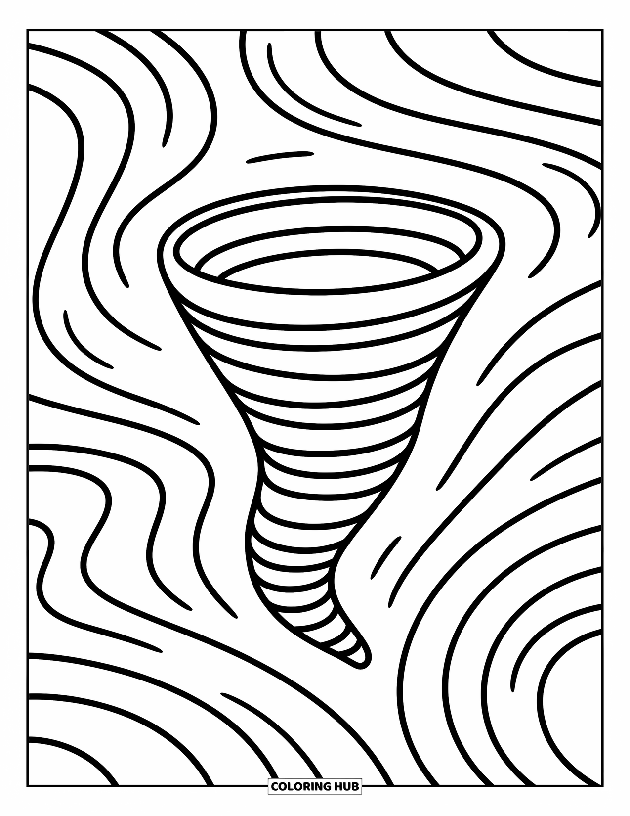 Weather Coloring Page for Kids: A tornado swirls with smooth curves in a bright, friendly sky