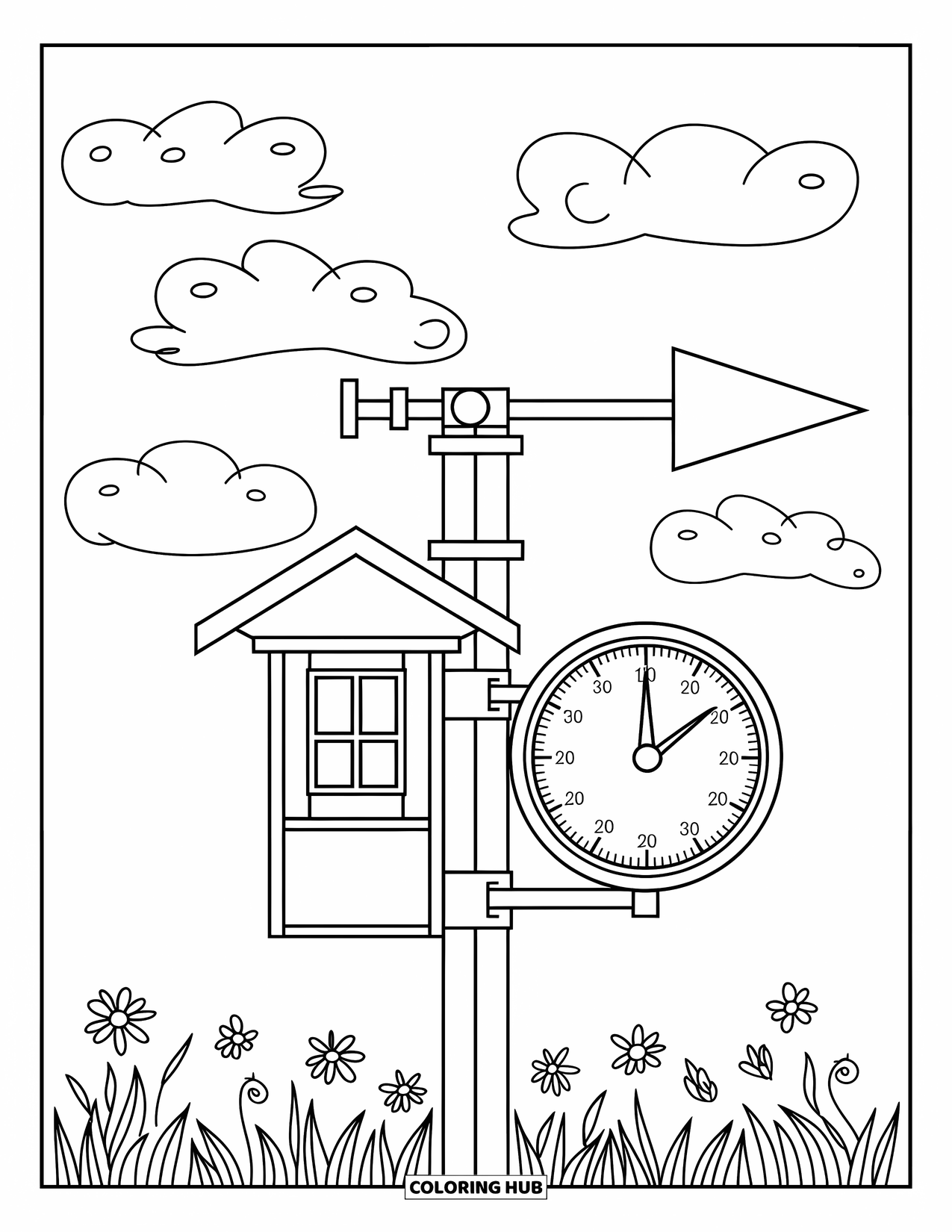 Weather Coloring Page for Kids: A weather station stands with a wind vane and spinner under a sky of soft clouds