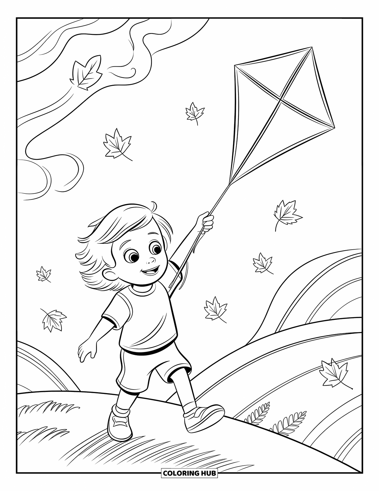 Weather Coloring Page for Kids: A wide-eyed child runs with a kite as leaves dance through the breezy air