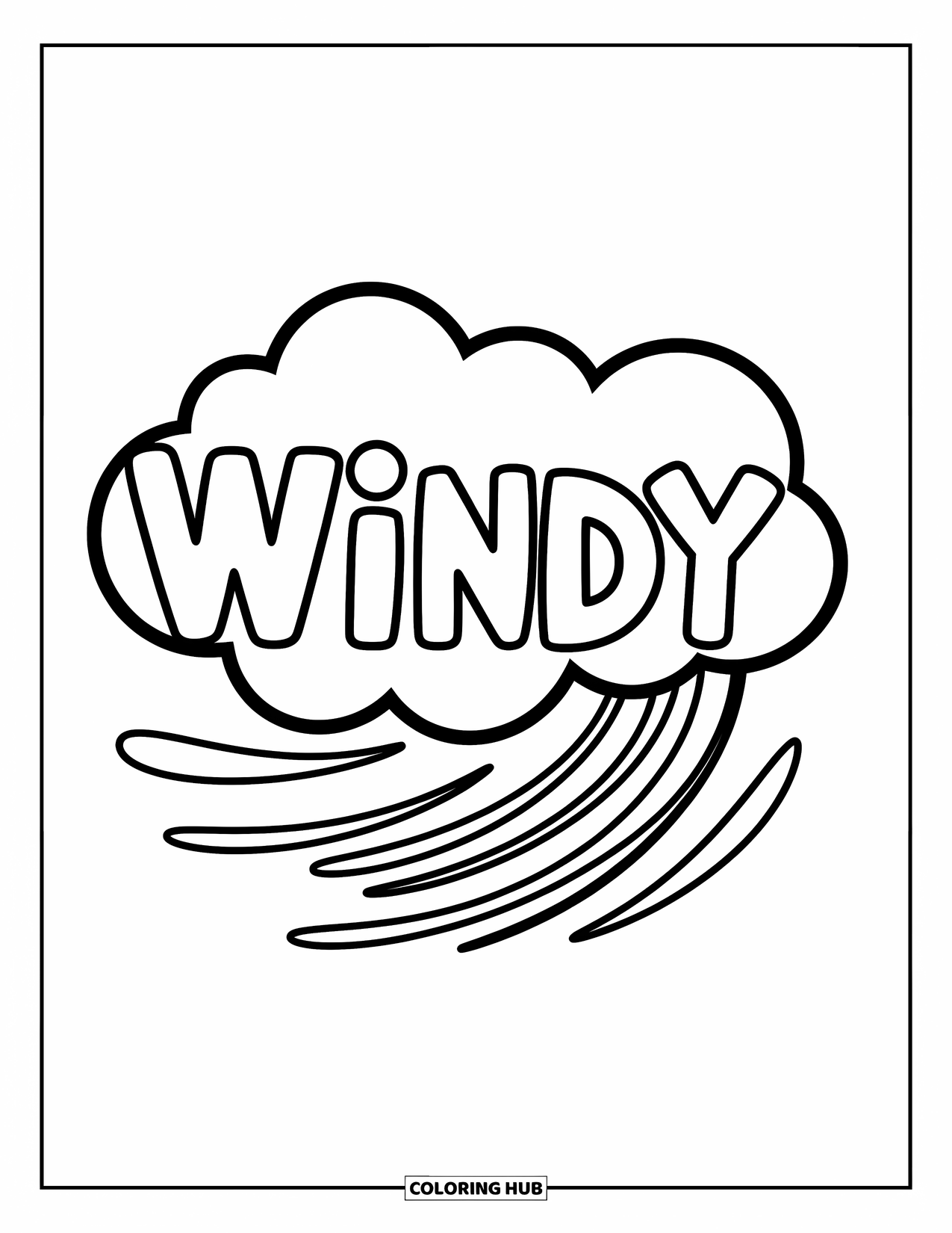 Weather Coloring Page for Kids: A wind cloud with swirls blows gently as "WINDY" stands out clearly above