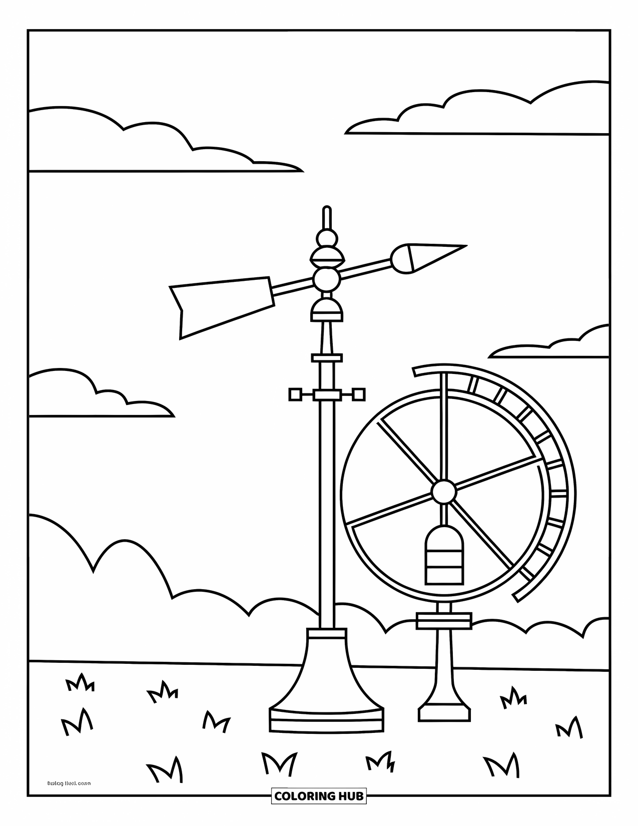 Weather Coloring Page for Kids: A wind vane and spinning anemometer sit atop a weather station under a clear sky