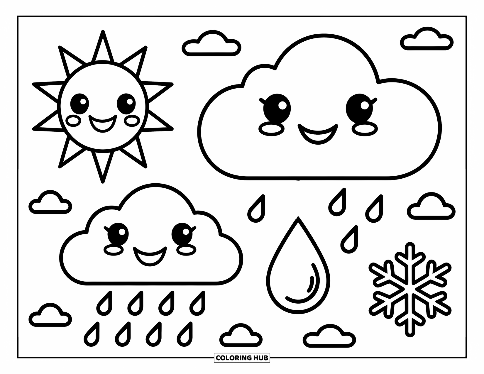 Weather Coloring Page for Kids: Cute weather friendssun, cloud, raindrop, and snowflakesmile together in a playful scene