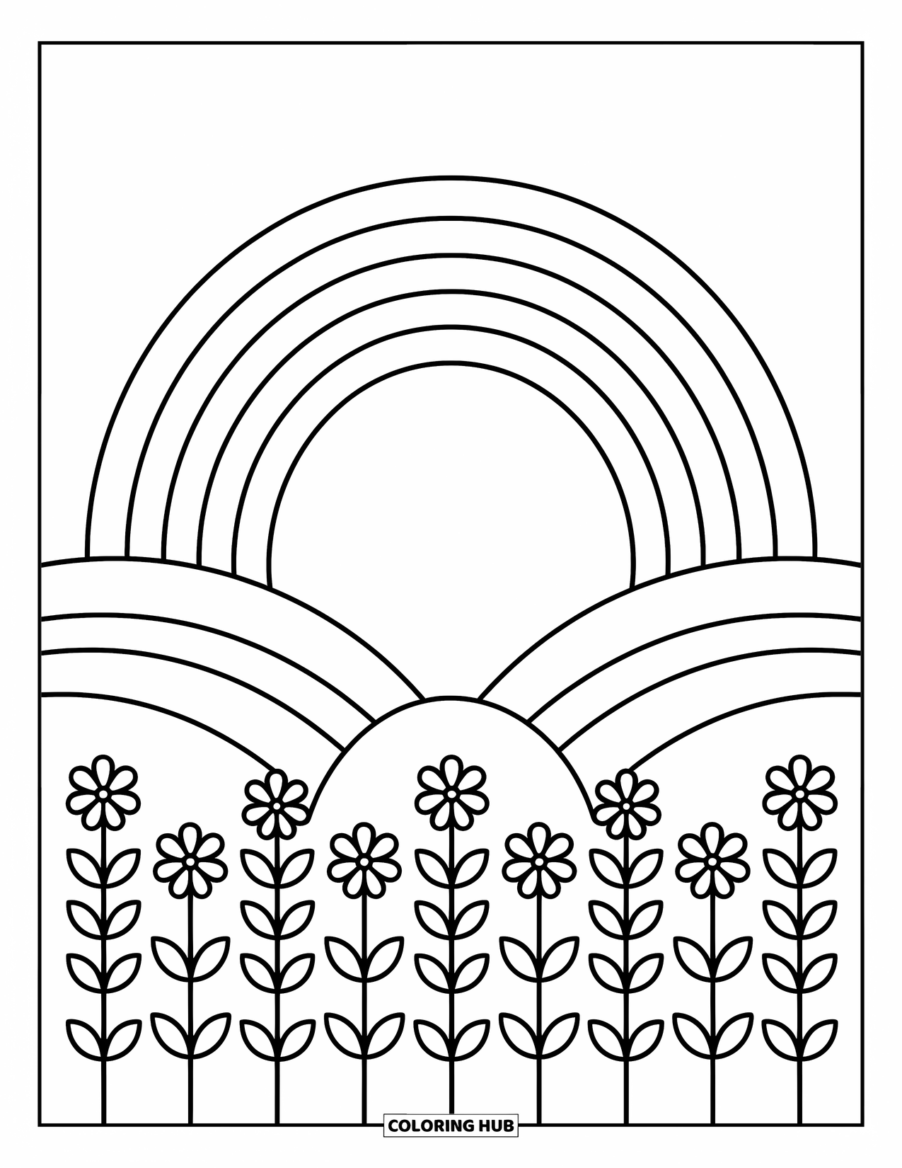 Weather Coloring Page for Kids: Hills rise beneath a rainbow with simple flowers scattered across the ground