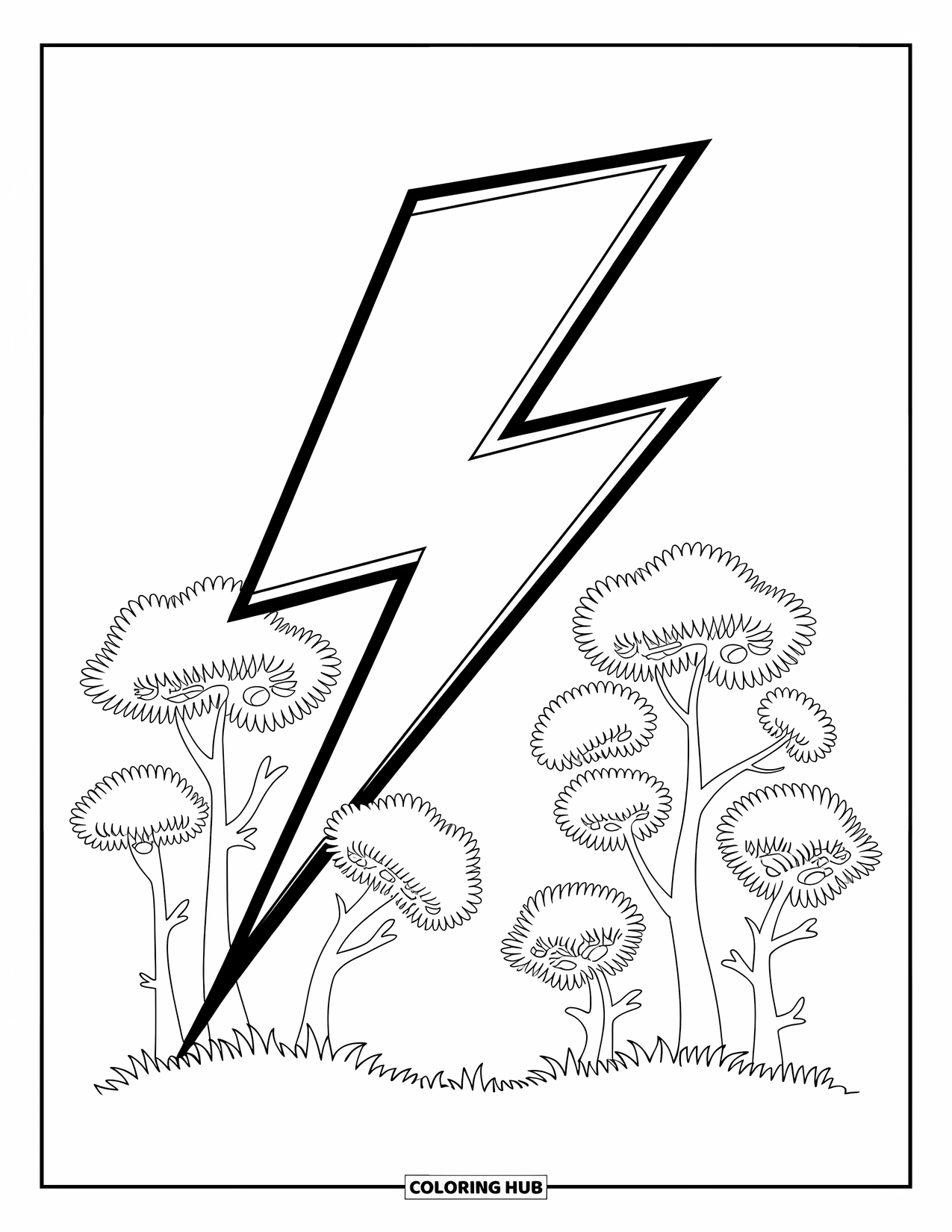 Weather Coloring Page for Kids: Lightning flashes over a forest with twisting trees and whimsical leaves