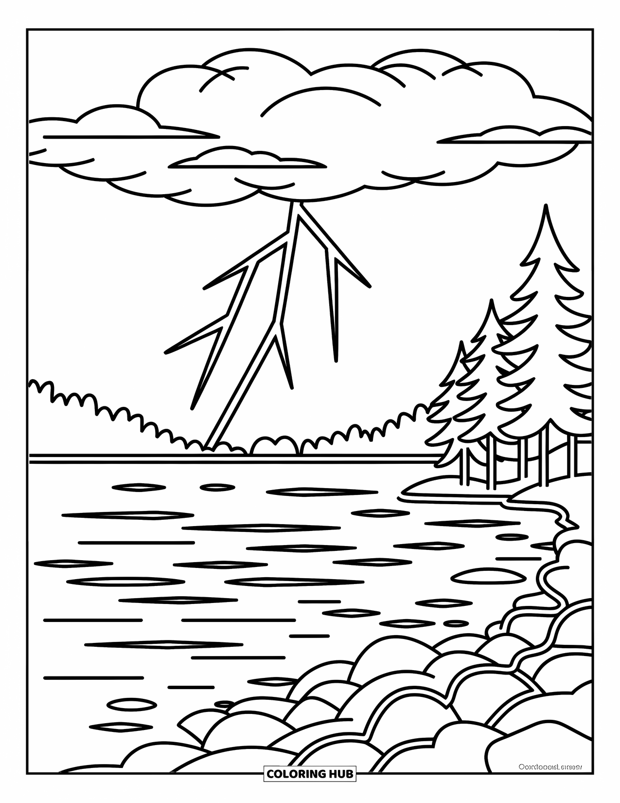 Weather Coloring Page for Kids: Lightning strikes above a peaceful lake as ripples spread across the water