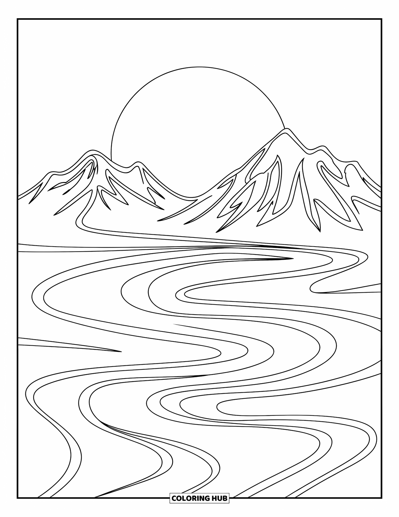 Weather Coloring Page for Kids: Long shadows stretch across mountains while mist moves softly beneath a glowing sun