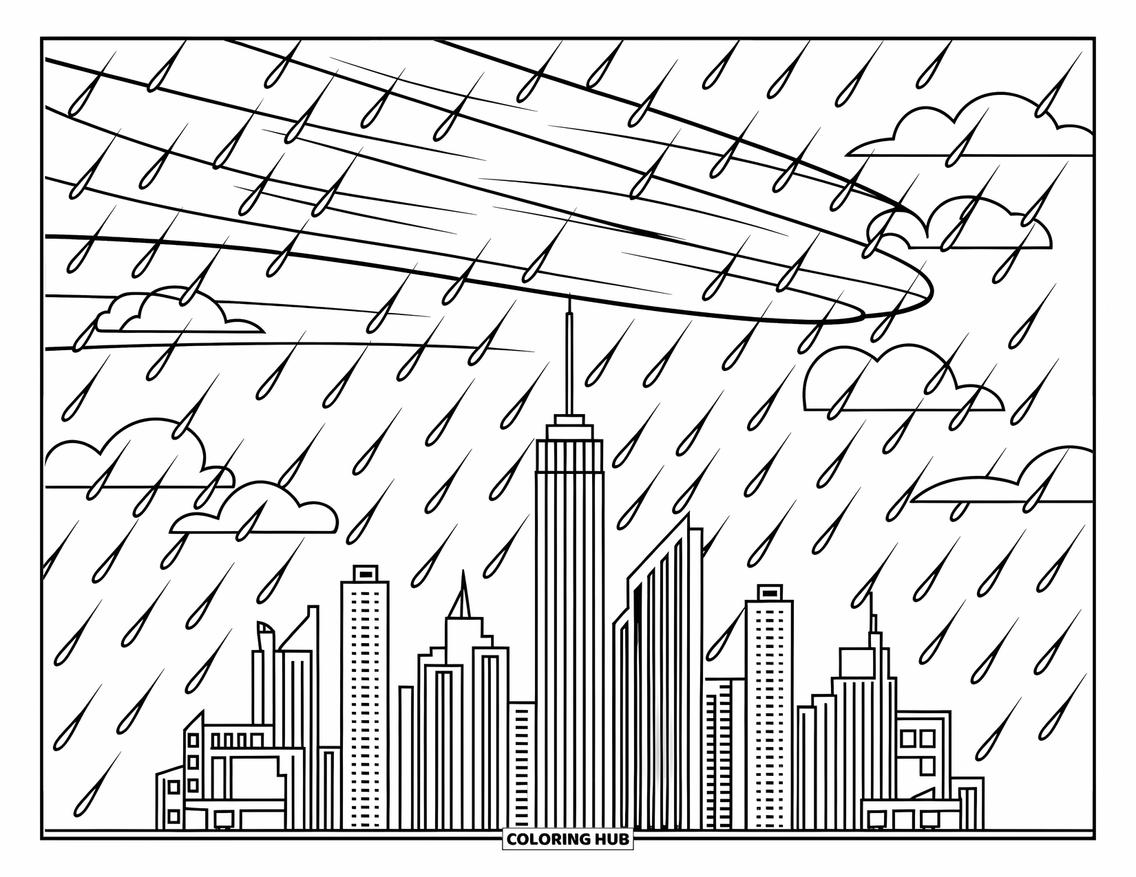 Weather Coloring Page for Kids: Rain and wind dance through the city while lightning flickers in the distance