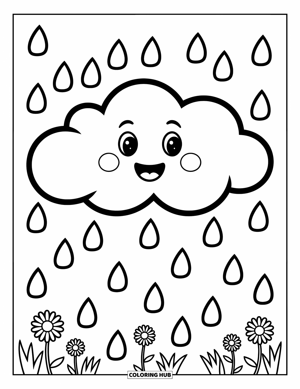 Weather Coloring Page for Kids: Raindrops fall from a happy cloud while daisies and grass add charm below