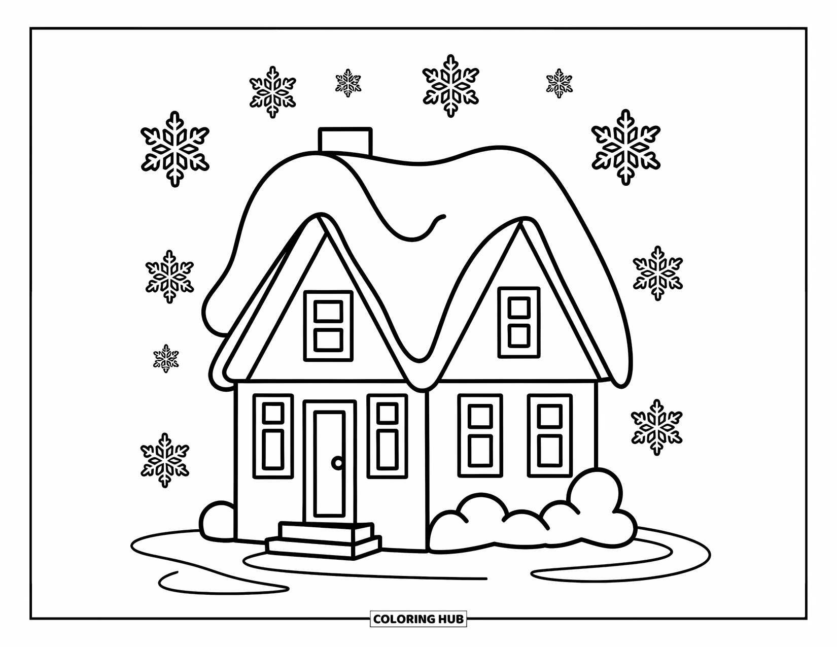 Weather Coloring Page for Kids: Snow gently falls around a small house with a snowy roof and cheerful details