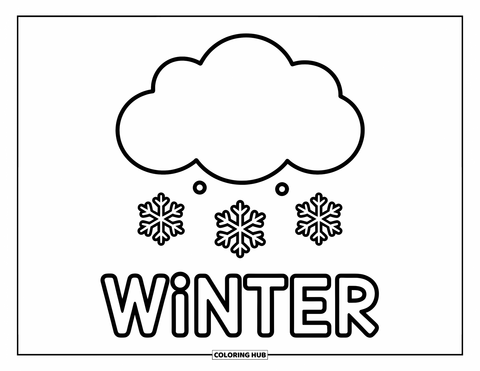 Weather Coloring Page for Kids: Snowflakes fall from a cloud with the word "WINTER" written in cheerful letters below
