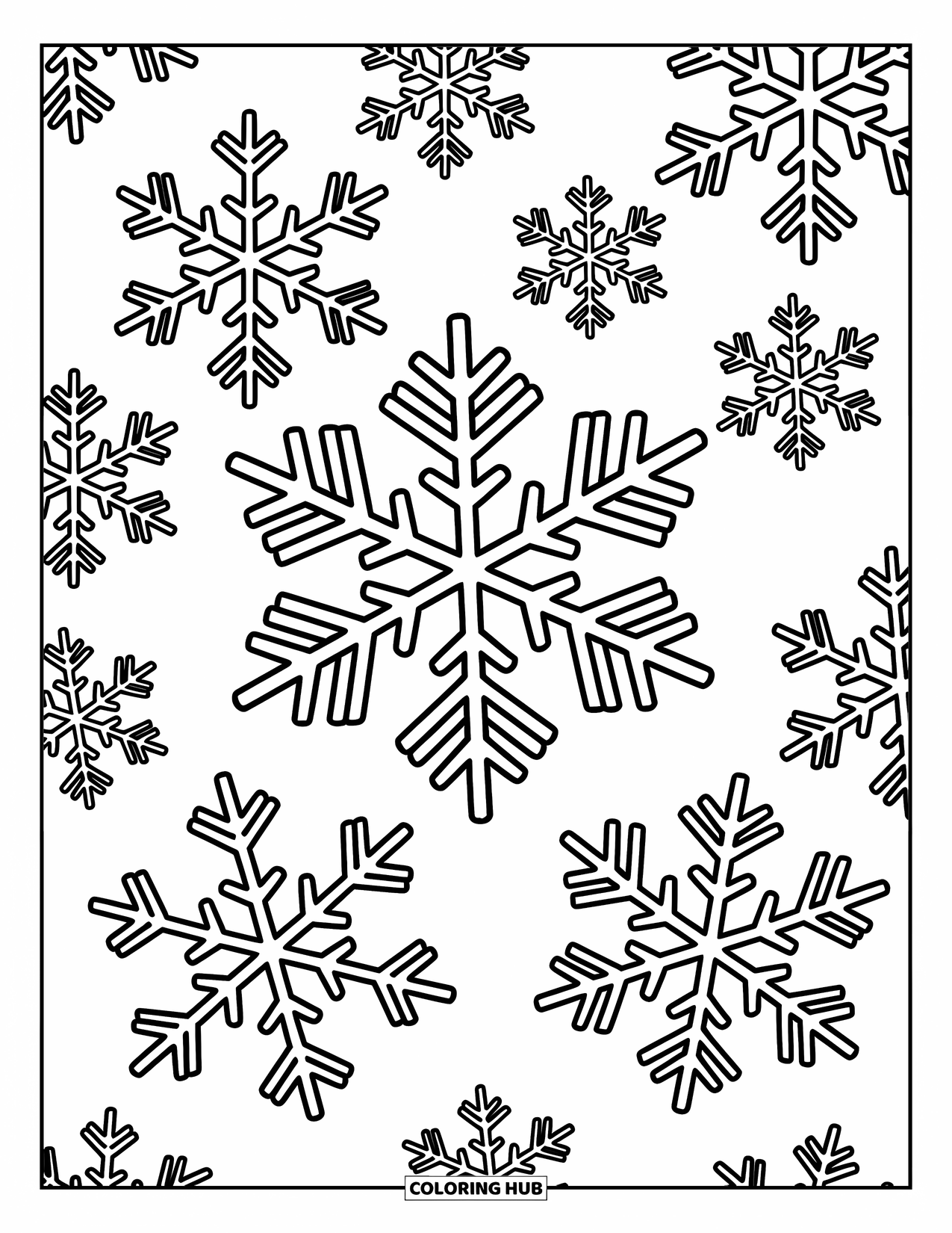 Weather Coloring Page for Kids: Snowflakes float gently through the air, each one with its own unique, delicate pattern