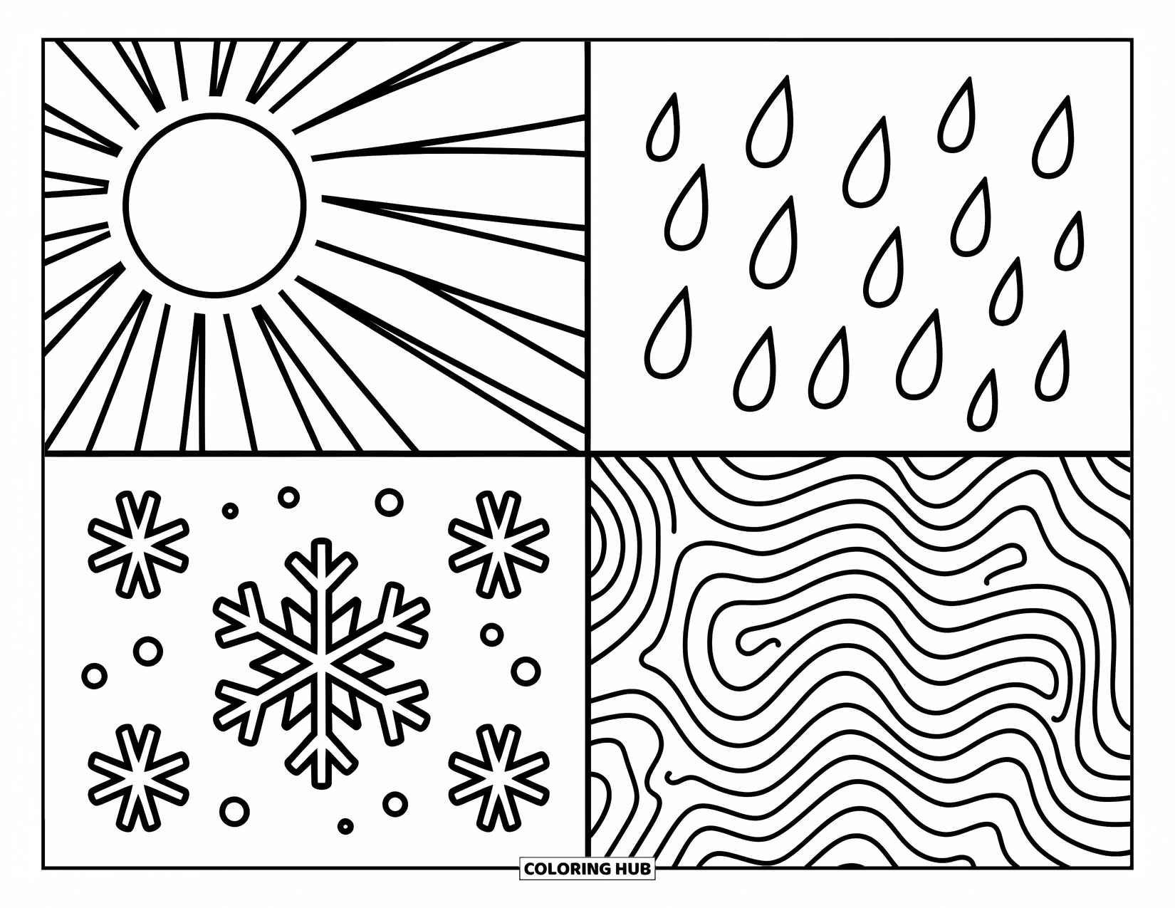 Weather Coloring Page for Kids: The seasons shine in four frames, from sunny skies to swirling snow and leaves