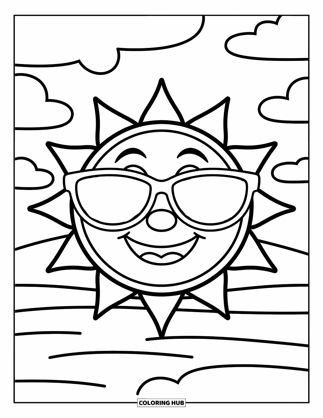 Weather Coloring Page for Kids: The sun grins brightly in cool sunglasses marked with "SUNNY," surrounded by soft clouds