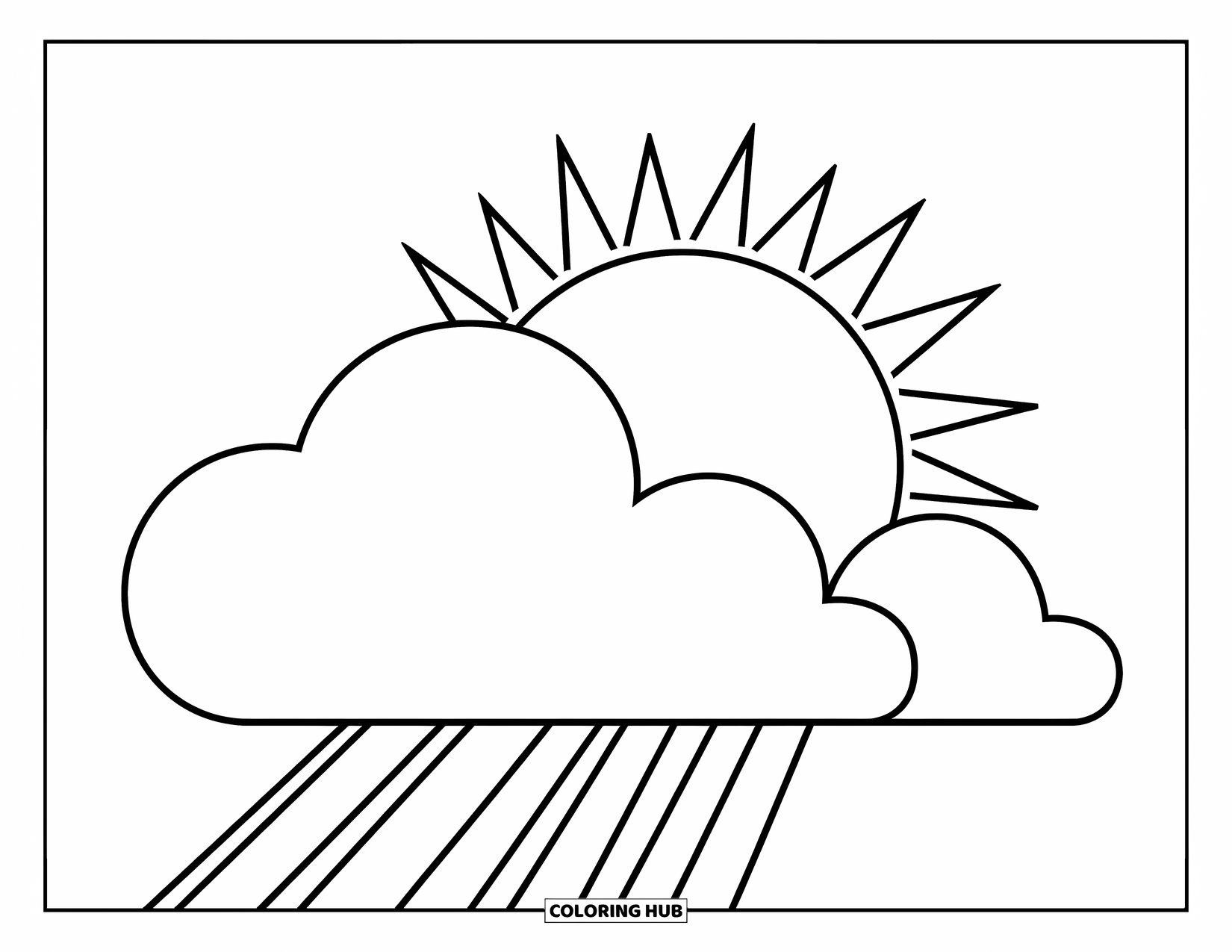 Weather Coloring Page for Kids: The sun hides behind a cloud while rays peek through with a happy glow