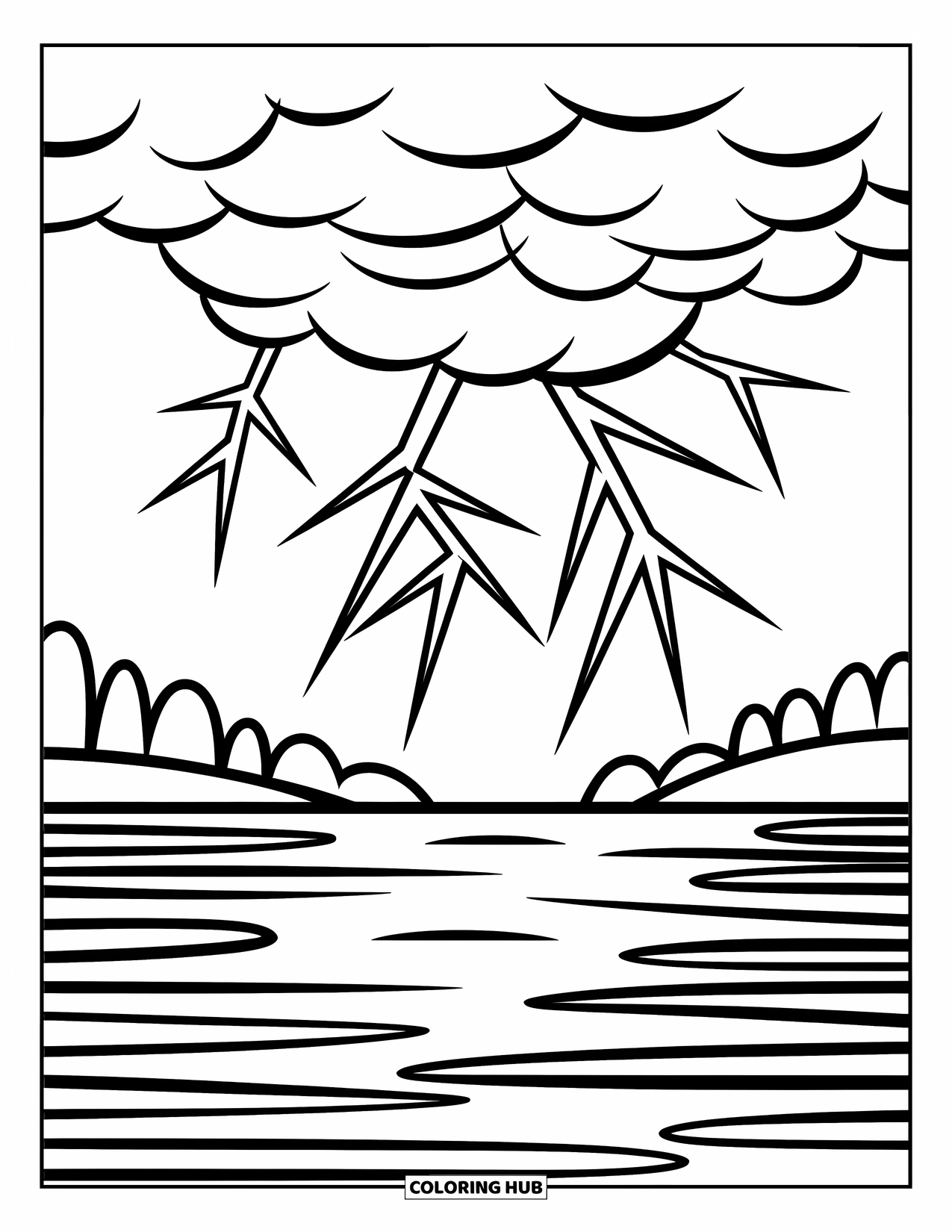 Weather Coloring Page for Kids: Thunder rumbles over a lake while lightning flashes and ripples spread below
