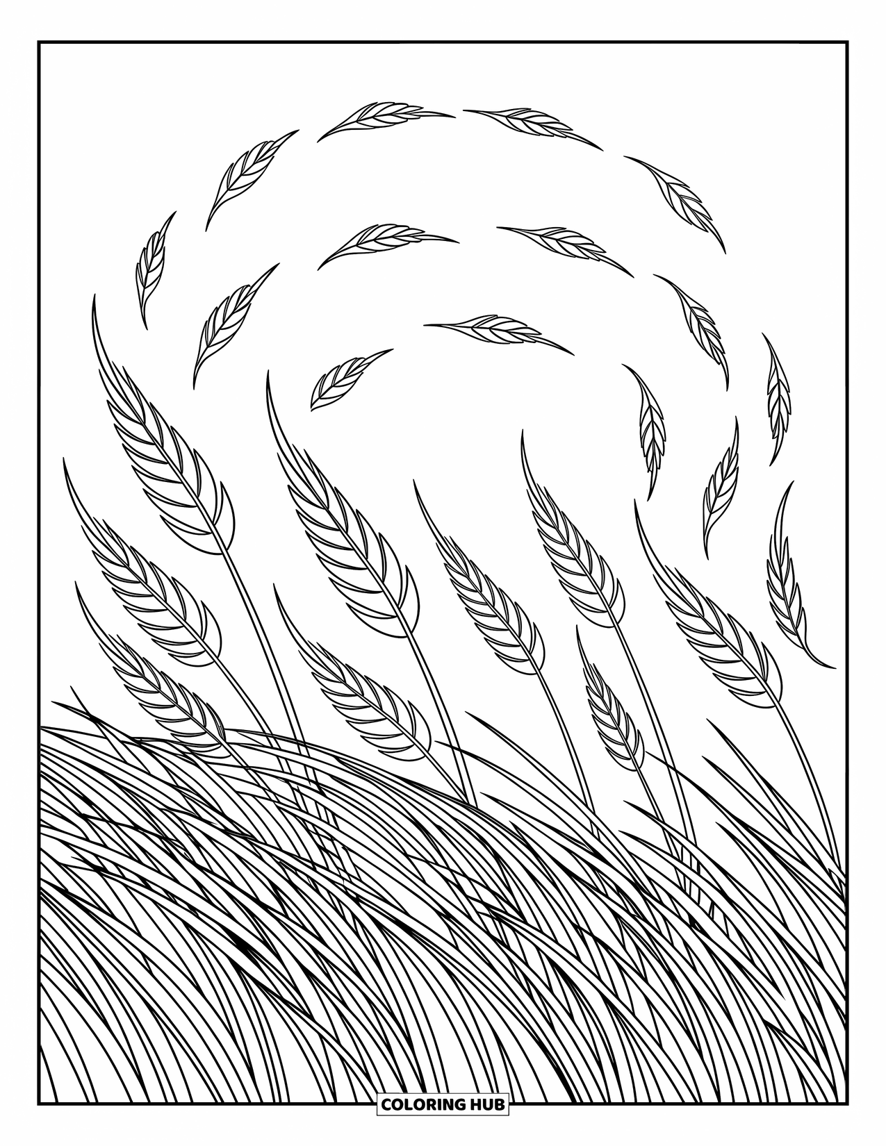 Weather Coloring Page for Kids: Wind rushes through tall grass as leaves swirl wildly in the air