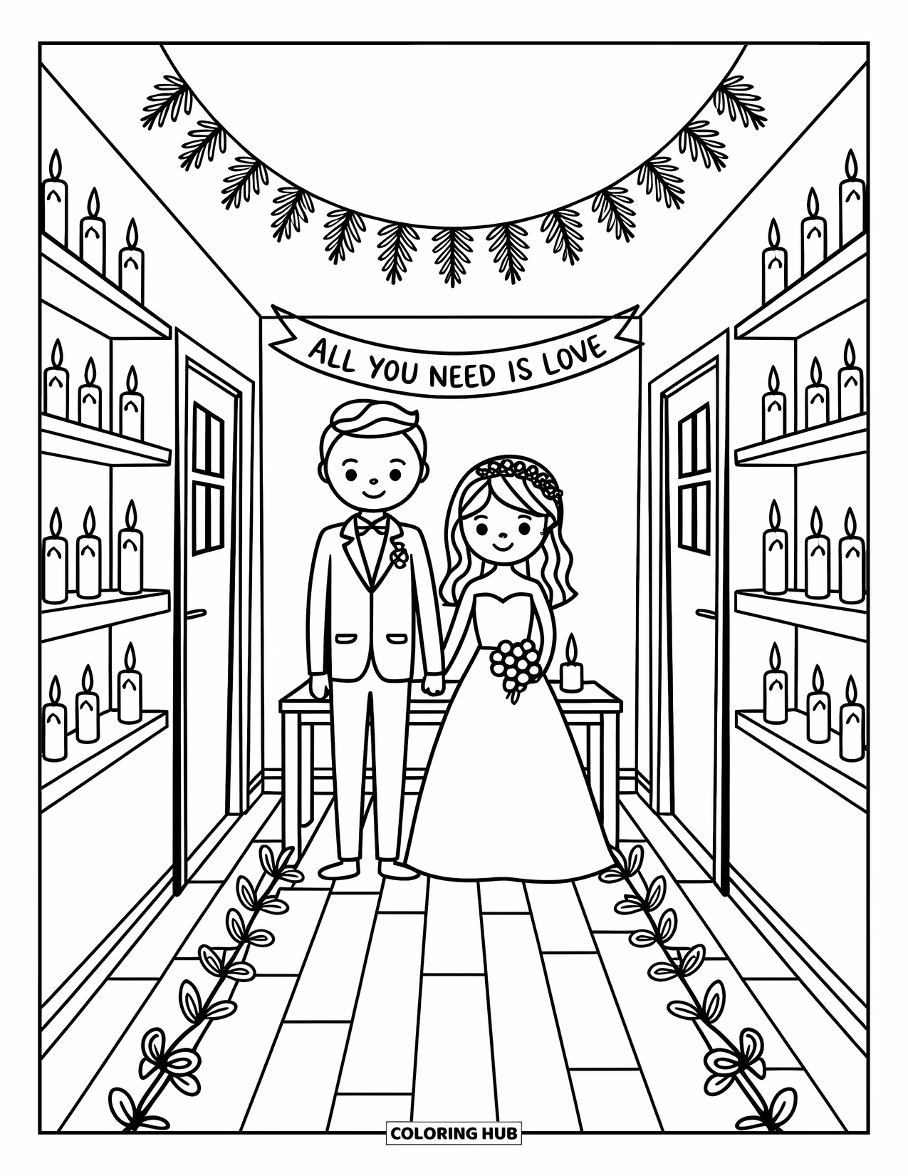 Wedding Coloring Page for Adults: A bride and groom stand under a ìAll You Need Is Loveî sign in a cozy hallway