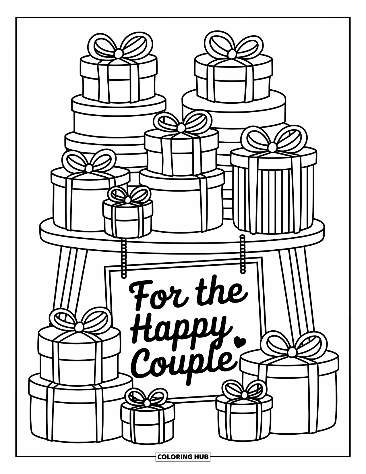 Wedding Coloring Page for Adults: Adorable gift table with wrapped presents and a playful sign for the couple
