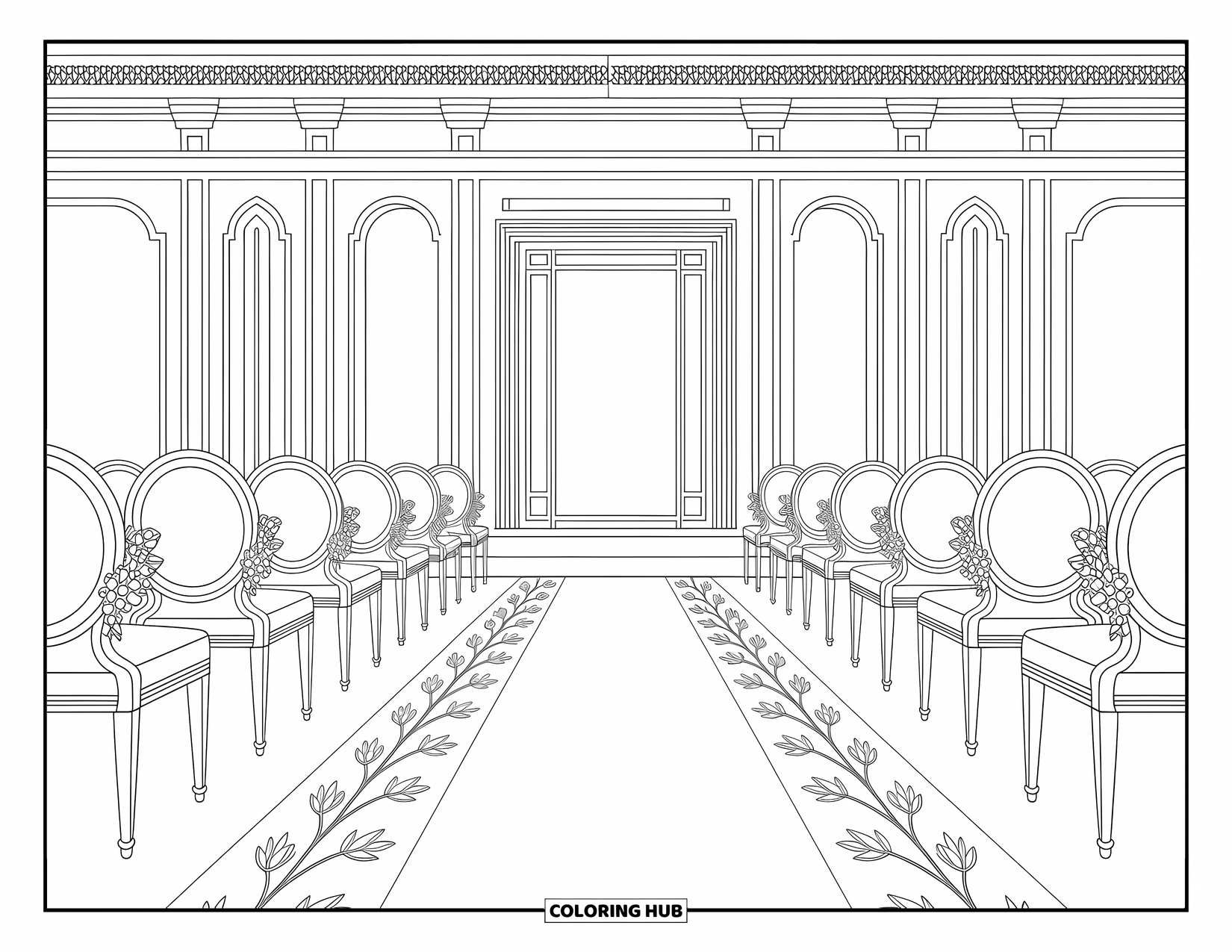 Wedding Coloring Page for Adults: Aisle runners, floral accents, and chairs form a peaceful wedding ceremony layout
