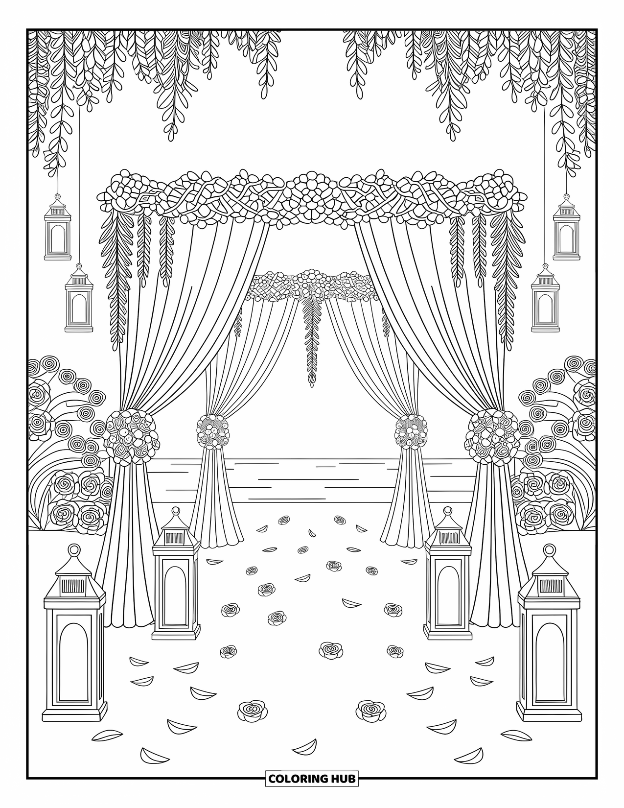 Wedding Coloring Page for Adults: Beach canopy with hanging lanterns, rose petals, and flowing drapes