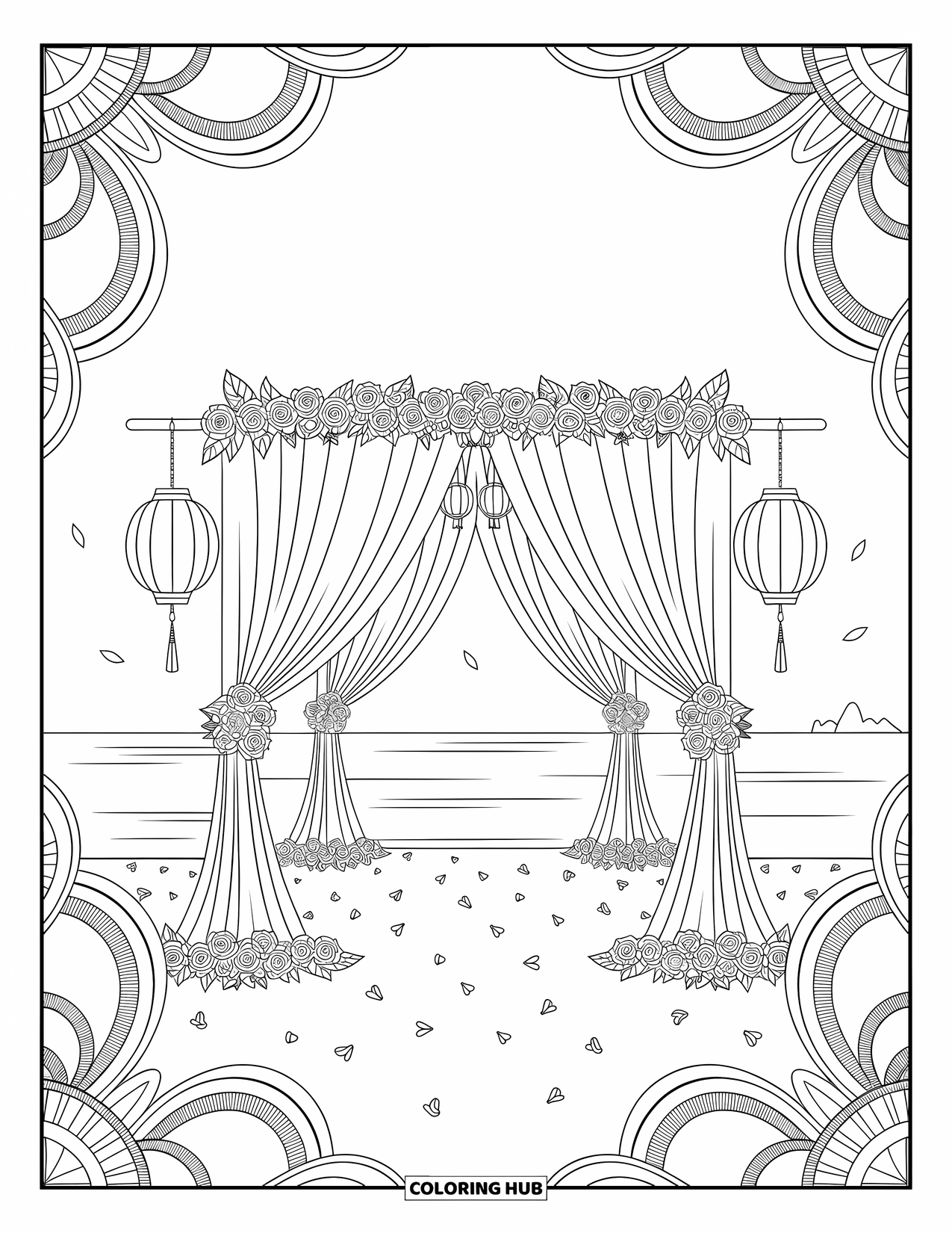 Wedding Coloring Page for Adults: Beachside canopy with flowing drapes, hanging lights, and floral patterns