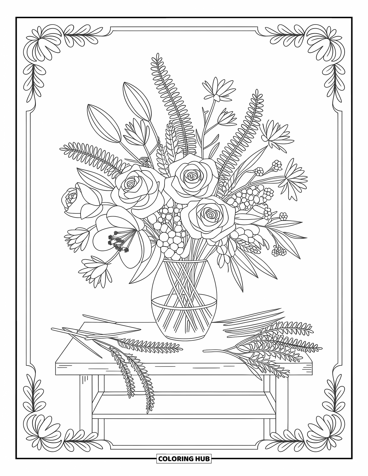 Wedding Coloring Page for Adults: Bouquet-building scene with roses, lilies, and wildflowers on a detailed work table