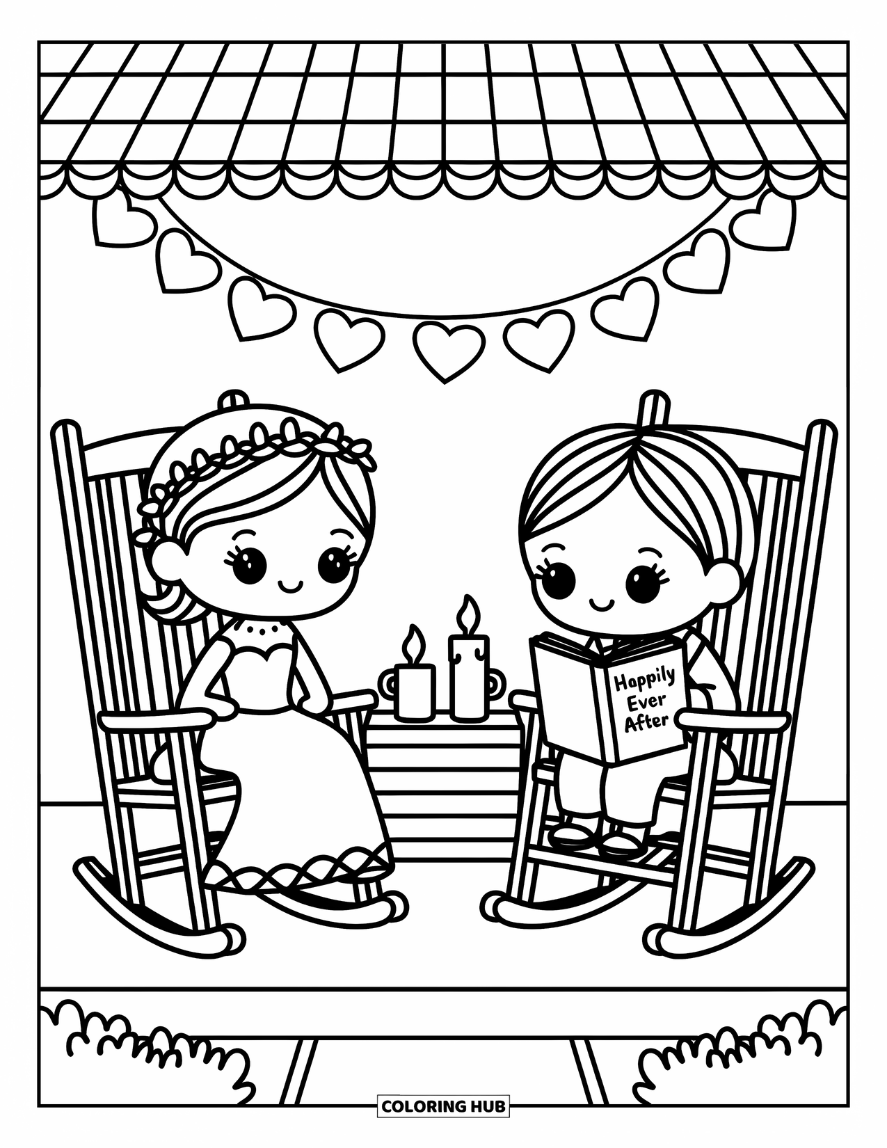Wedding Coloring Page for Adults: Bride and groom cuddle under a quilt, sharing a book on a porch with paper hearts
