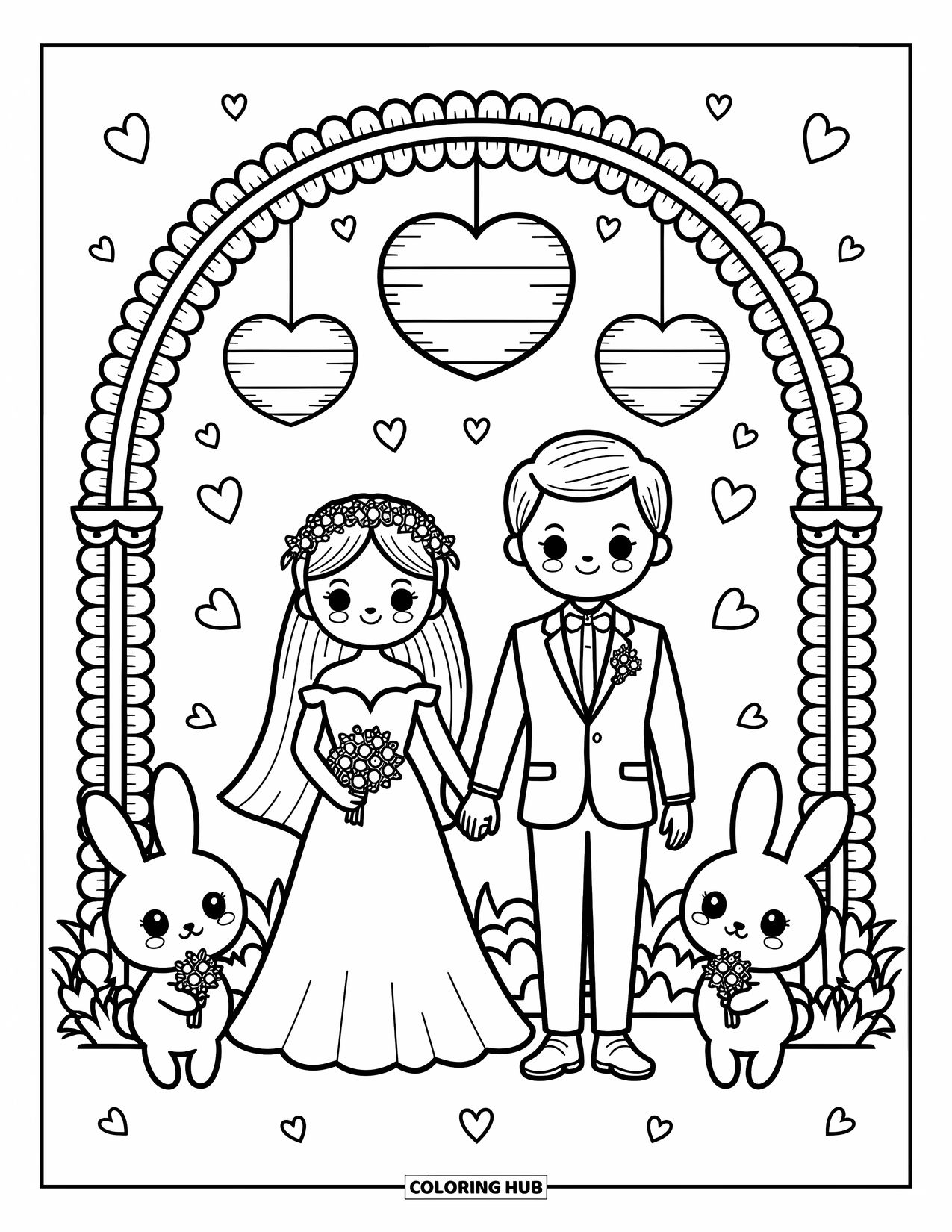Wedding Coloring Page for Adults: Bride and groom hold hands under a heart lantern arch with bunny guests nearby