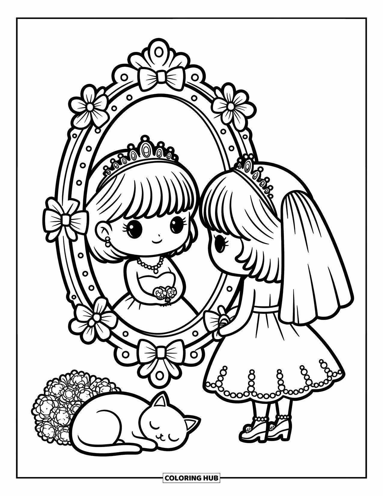 Wedding Coloring Page for Adults: Bride looks at herself in the mirror while a kitten naps beside her shoes