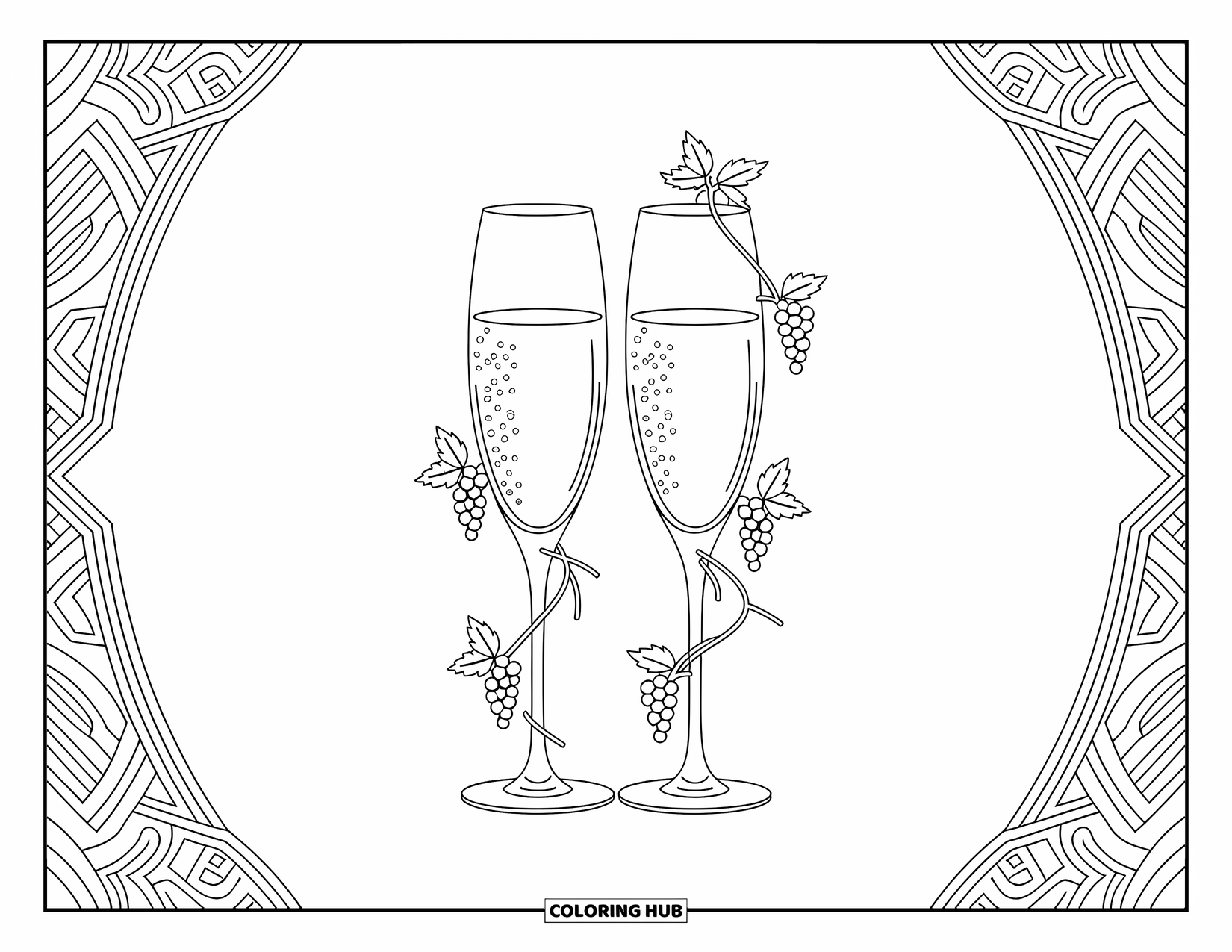 Wedding Coloring Page for Adults: Champagne flutes with grape details stand out among delicate vines and leaves
