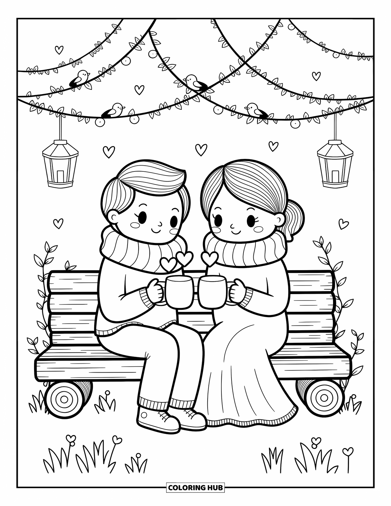 Wedding Coloring Page for Adults: Couple sits on a log bench, wrapped in a scarf, holding mugs with hearts above