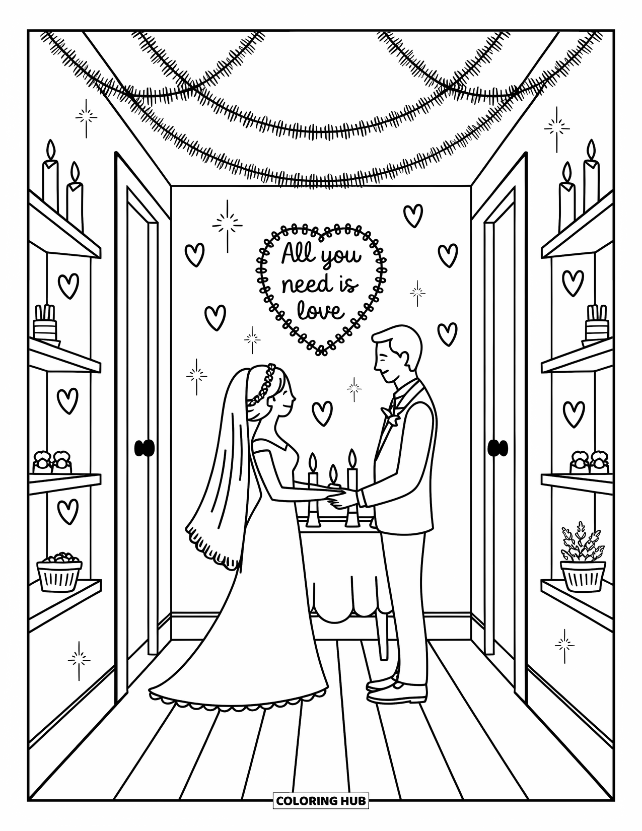 Wedding Coloring Page for Adults: Couple stands at a sweet altar surrounded by hearts, stars, and candlelit shelves