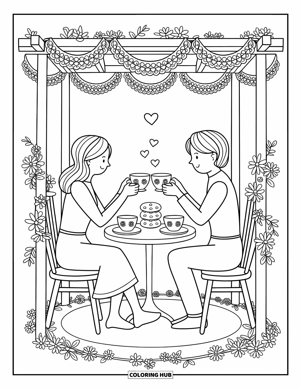 Wedding Coloring Page for Adults: Couple toasts at a tiny table under a floral lace pergola with cookies and tea