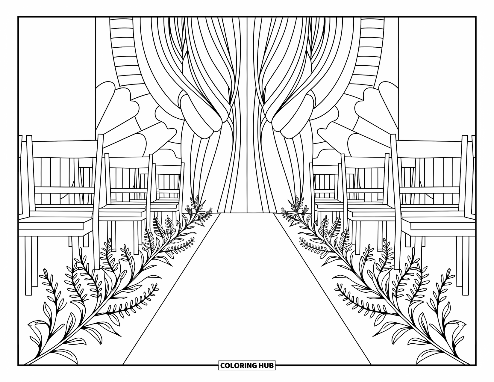 Wedding Coloring Page for Adults: Elegant ceremony setup with rows of chairs, aisle details, and floral touches