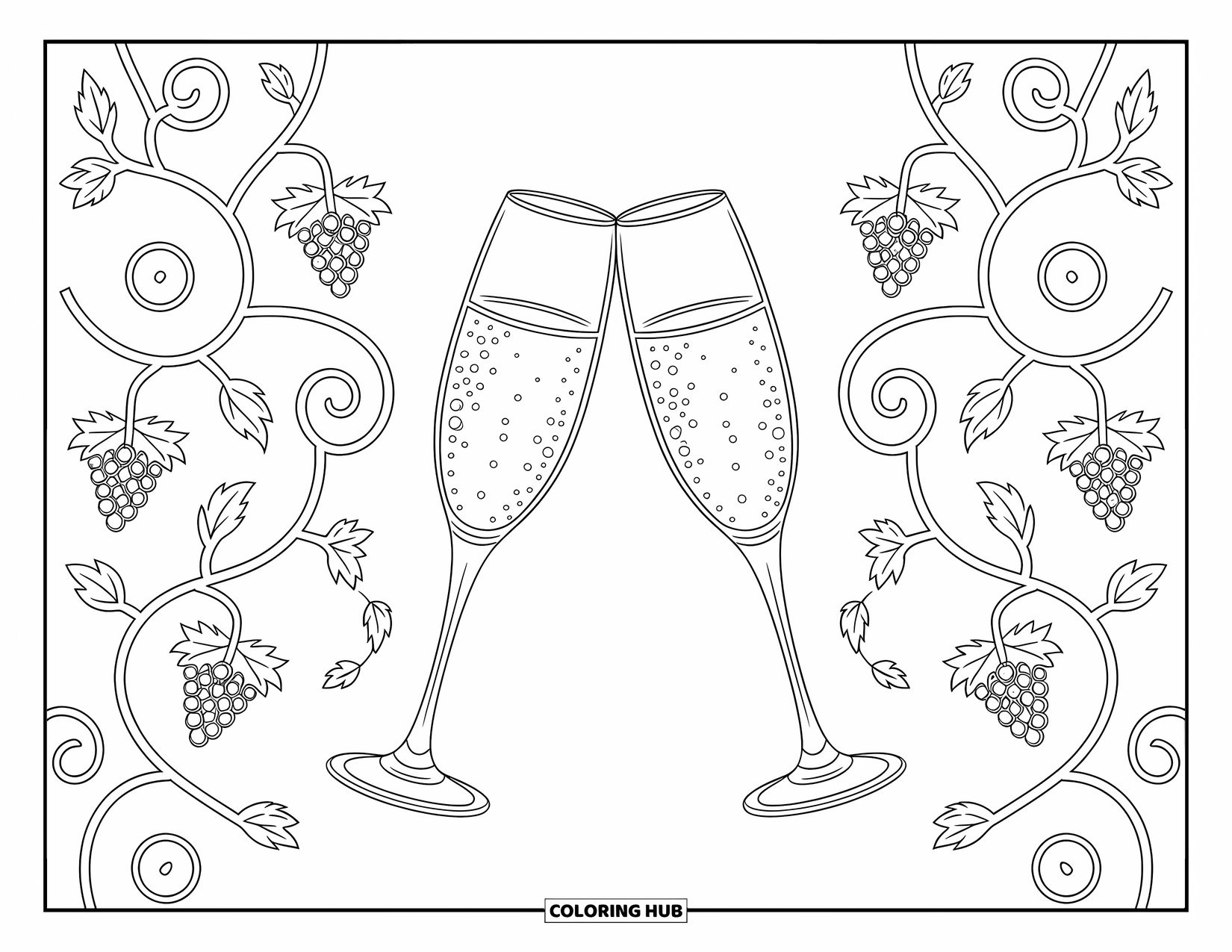 Wedding Coloring Page for Adults: Flutes wrapped in vines rest in an intricate grape-filled border