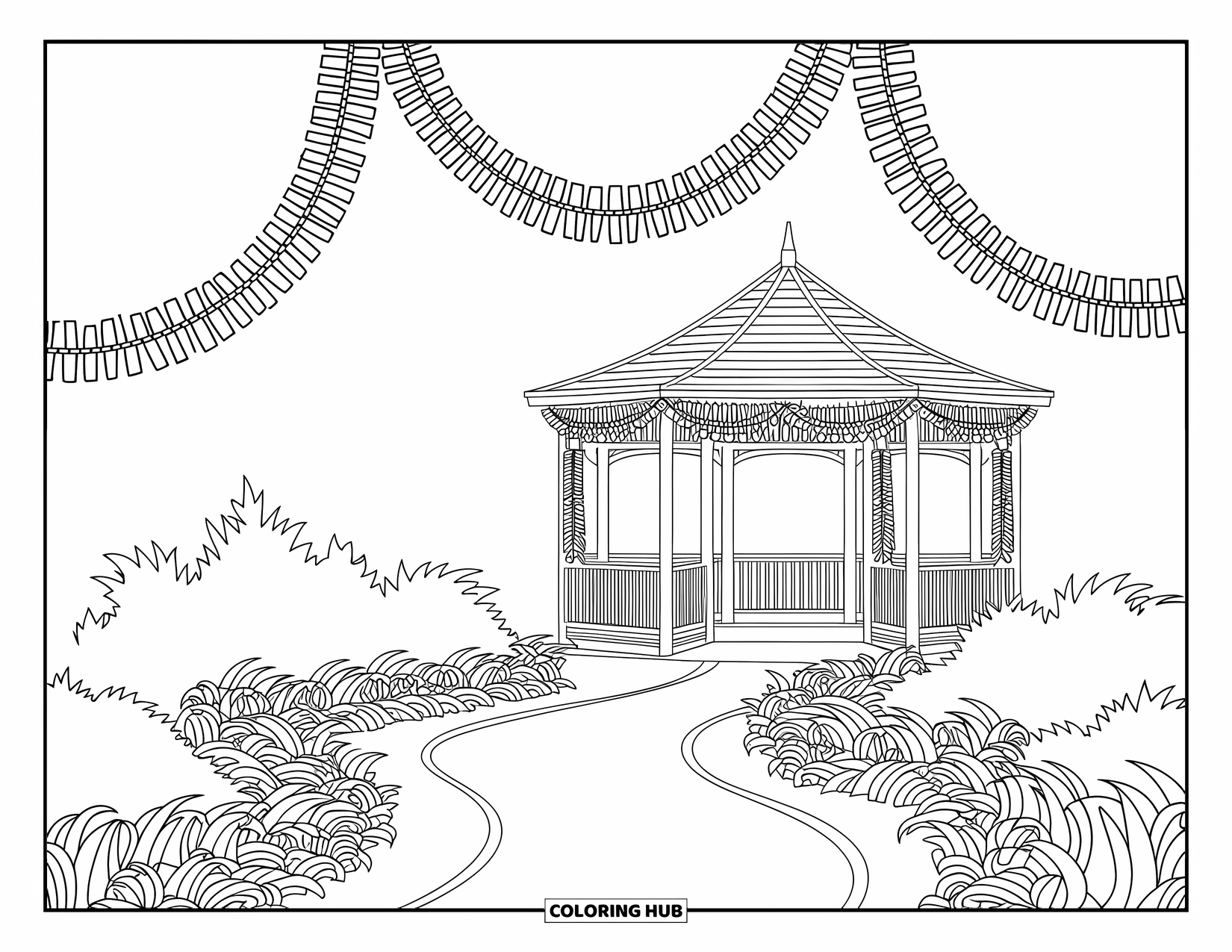 Wedding Coloring Page for Adults: Garden path flows toward a cozy gazebo dressed in garlands and ribbon layers